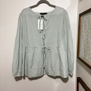 NWT Nenona Green White Stripe Tie Front Peplum Blouse Cottagecore XL